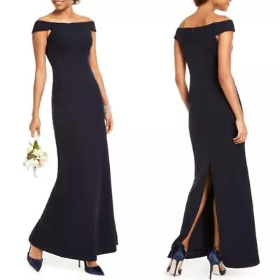 NEW Adrianna Papell NAVY Off The Shoulder CAP SLEEVE Knit Crepe DRESS GOWN 6 • $39.99