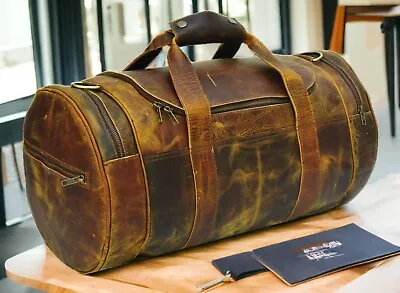 Vintage Leather Full Grain Large Brown Travel Duffle Overnight Weekender Bag 20  • $87.90