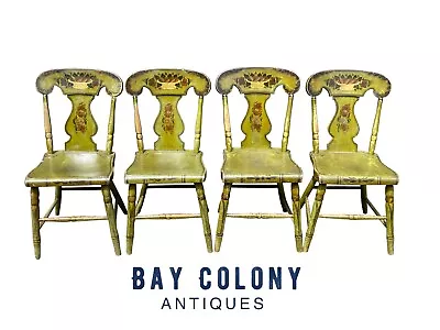 Antique Sheraton Fancy Painted Set Of 4 Dining Chairs In Bittersweet Green Paint • $1875