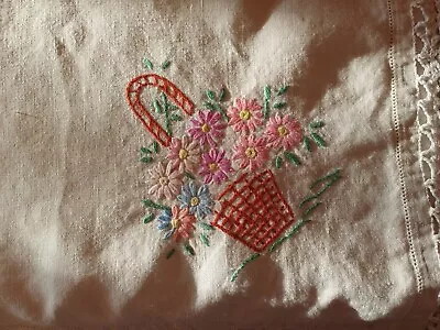 Vintage Hand Embroidered Lace Edged Square Tablecloth • £15