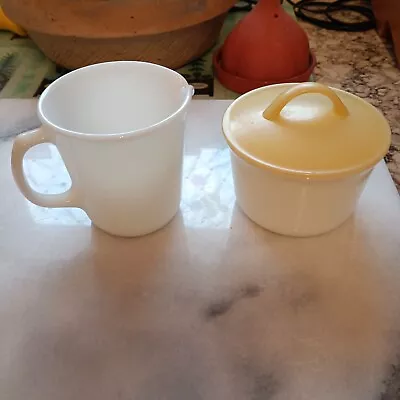 Pyrex Creamer And Sugar Bowl W/Lid Vintage Milk Glass With Gold Plastic Lid • $13.97