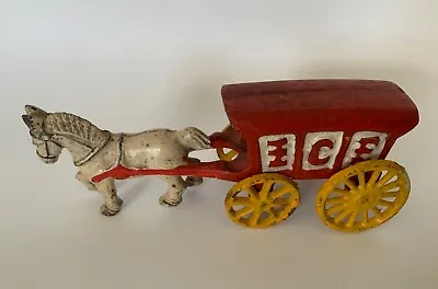 Vintage Cast Iron White Horse Drawn Red Ice Cart Buggy Wagon Toy Vintage • $17.92