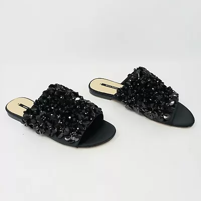 Zara Basic Womens US 5 EU 35 Black Floral Beads Rhinestone Sequins Sandal Slides • $14.99