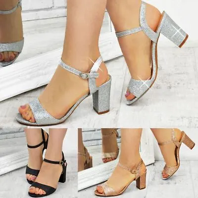 £14.99 • Buy Ladies Womens Low Block Heel Party Bridal Glitter Sandals Wedding Prom Shoes Sz