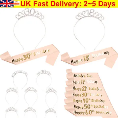 Happy Birthday Silver Tiara Headband Rose Gold Sash 40/50/60th Girls Crown Gift • £4.79