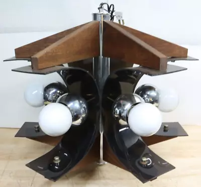 Rare MCM Vintage Mazzega Inspired Hanging Ceiling Lamp Teak Smoked Lucite Chrome • $899.99