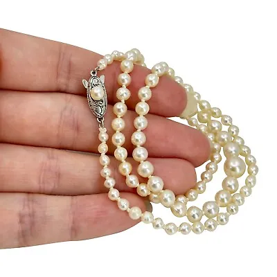 Akoya Saltwater Pearl Necklace Sterling Baroque Vtg 19.50in Graduated Japan • $258.75