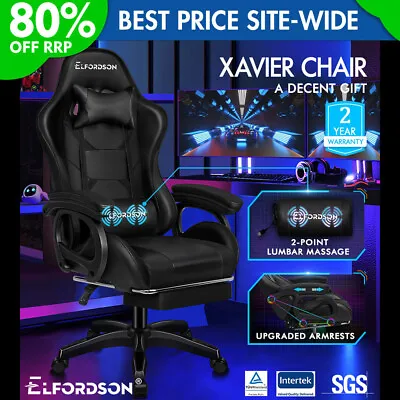 ELFORDSON Gaming Office Chair Racing Massage Computer Seat Footrest Leather • £79.99