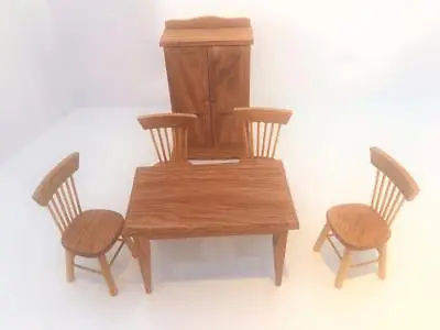 $38.99 • Buy Dollhouse Miniature Vtg Wood Oak Dining Room Table Spindle Chairs Wardrobe Lot 6
