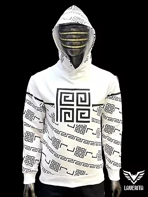 New Mens White Slim Fit Hoodie Sweatshirt Black Greek Cubic Stripes Rhinestones • $39.99