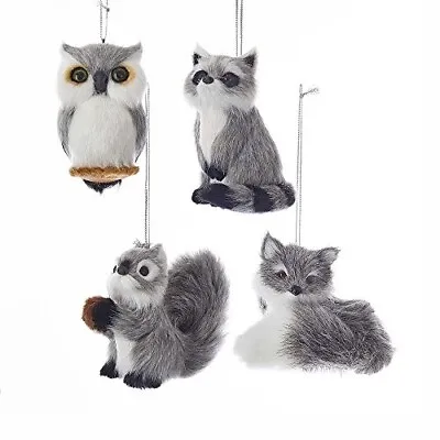 Kurt Adler 4 Gray & White 3  Plush Animal Ornaments-Raccoon-Fox-Owl-Squirrel • $24.99