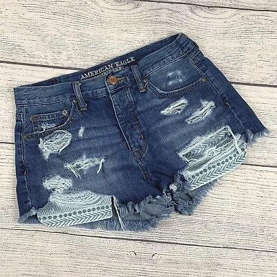 American Eagle Jean Shorts 4 Denim Destroyed Vintage Hi-Rise Festival 2  Inseam • $18.99