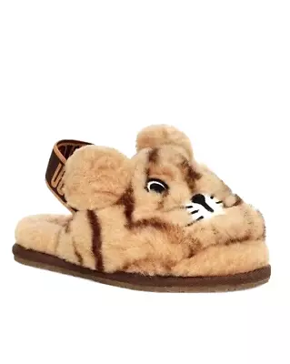 Ugg Toddler Brown Plush Wool Logo Strap Fluff Yeah Slide Tiger Stuffie Sandal 8 • $64.95