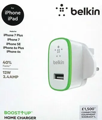 £14.99 • Buy Belkin BOOST↑UP 2.4A Home Charger For IPad Pro / IPhone XR / XS / X / 8 / 8+ / 7