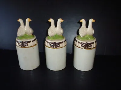 3ea Antique Macomb Pottery Co Stoneware Fruit Jars Glazed 1899 Geese Lids OOAK ! • $75