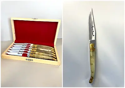 SET OF 6 TABLE KNIVES LAGUIOLE BOUGNA France STEAK KNIFE WOODEN BOX • £161.93