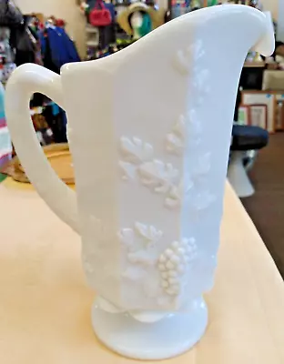 Vntg Westmoreland Pitcher Raised Grape Vine White Milk Glass 9  Pedestal Base  • $13.99