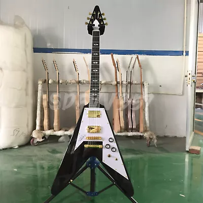 Custom Flying V Electric Guitar Black Mahogany Body HH Pickup Gold Part 6 String • $240