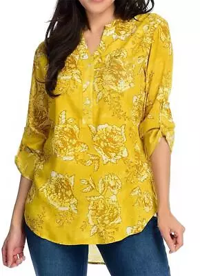 $14.99 • Buy NEW - OSO Casuals® Printed Woven Roll Tab Sleeve Sequined Pocket Y-Neck Shirt