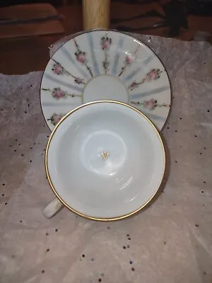 Limoges Demitasse White Blue Stripes Pink Roses Tea Cup Saucer Vintage • $18.99