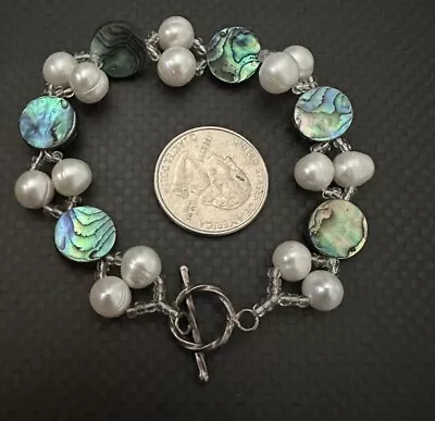 Artisan Sterling Silver 925 White Pearl Abalone Shell Beaded Bracelet 7.5” • $11.99