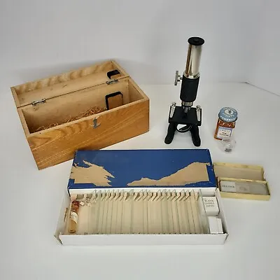 VINTAGE MICROSCOPE MADE IN JAPAN W/ WOODEN CASE Lots Of Slides Extras EUC • $99.97