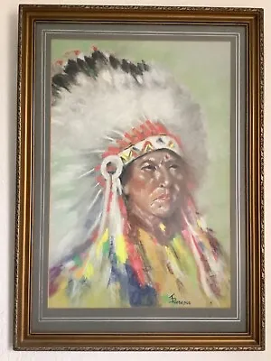 £120 • Buy Vintage Native American Souix Indian Chief Portrait Pastel Drawing Picture.