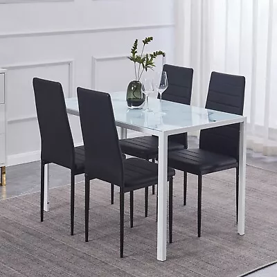 47  White Marble Glass Dining Table & 4pcs Black Faux Leather Dining Chairs Set • $199.49