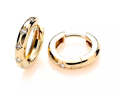 9ct Yellow Gold On Silver Sparkling CZ 15mm Huggie Hoop Ladies Earrings • £17.95