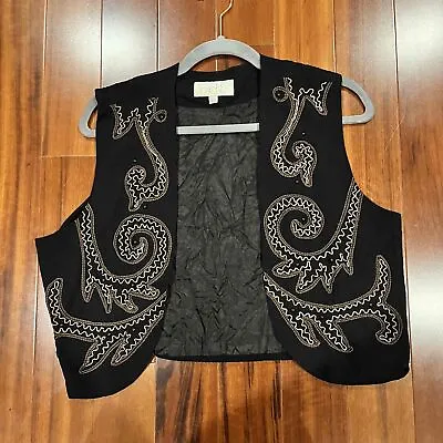 Cache Black Brown Vest Embroidered Beaded Open Front Paisley Vintage Large • $38