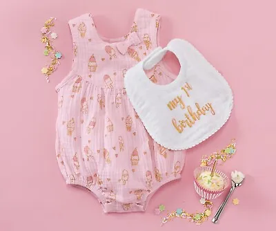 Mud Pie Baby Girls (1st) First Birthday Pink Ice Cream Bubble & Bib Size 9-12M • $30