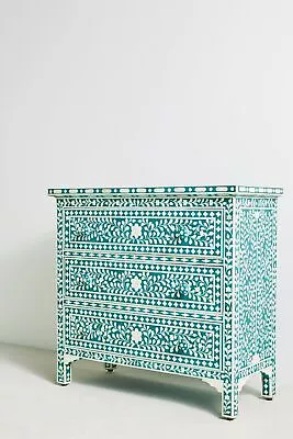 Bone Inlay Chest Of 3 Drawers Floral Design In Teal Green Color Home Décor... • $2548.53