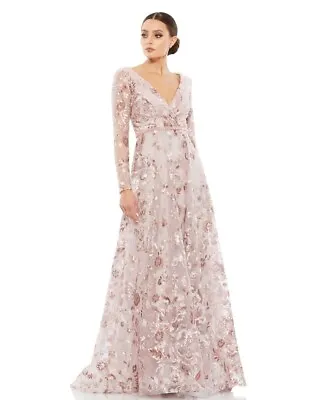 $798 Mac Duggal EMBELLISHED V NECK ILLUSION LONG SLEEVE A LINE GOWN Rose Pink 20 • $280