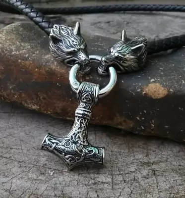 Viking Odin Silver Plated Thor's Hammer Mjolnir Wolves Pendant Leather Necklace • $9.89