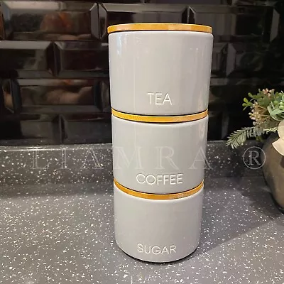 £21.99 • Buy Ceramic Stackable Tea Coffee Sugar Canister Kitchen Storage Jars Set Bamboo Lid