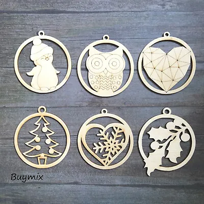 Wooden Baubles Christmas Tree Decorations Set Of 6 Ornaments Home Decor Gift • £4.99