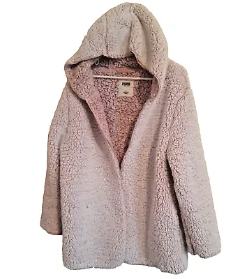 PINK Victoria's Secret Coat Large Hooded Sherpa Fleece Open Front Jacket Pockets • $24.97