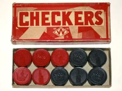 Vintage 1930s WOODEN CHECKERS 30 Set 5-W! Empire State Building! Crown! Halsam? • $29.99