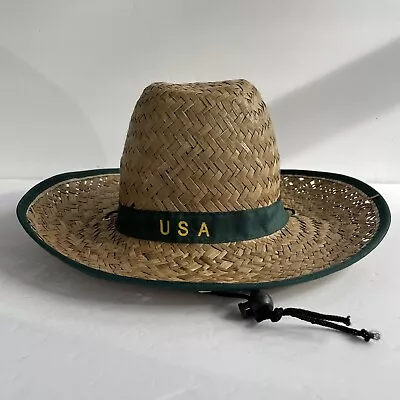 Vtg Hand Woven Natural Bamboo Straw Hat USA Mens Wide Brim Tan Chin Strap Beach • $16