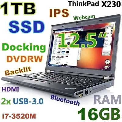 Thinkpad X230 12.5  IPS I7-2.9GHZ 1TB SSD 16GB USB-3.0 Backlit Doking-DVDRW • $457.67