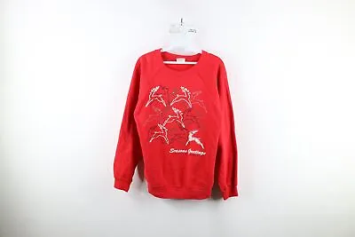 Vintage 90s Womens Large Faded Christmas Reindeer Crewneck Sweatshirt Red USA • $40.45