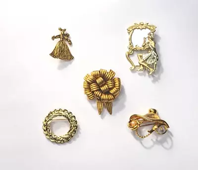 Vintage Now Jewelry Lot Brooch Pin Gold Tone Ribbon Faux Pearl Girl Mirror • $19.99