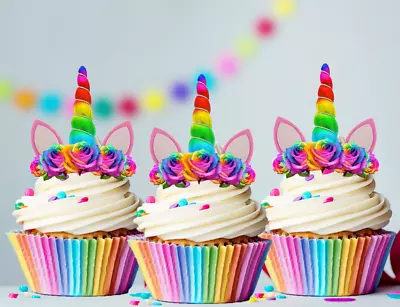 12x Rainbow Unicorn Horn And Bright Flowers Edible Cupcake Toppers Uncut 2D • $6.99