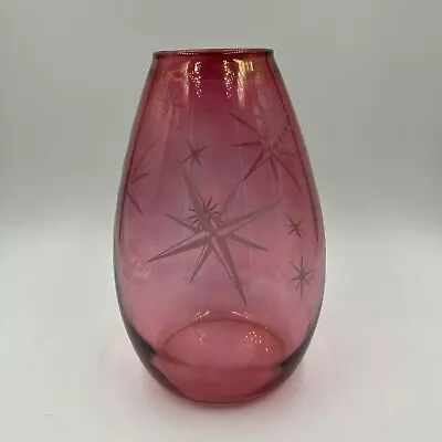 Bartlett Collins MCM Hand Blown Art Glass Cranberry Vase White Frit Atomic Stars • $14.99