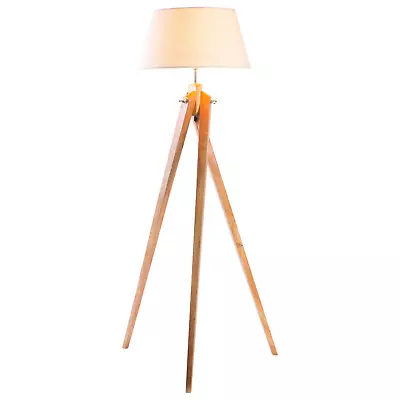 $169 • Buy LARGE TRIPOD FLOOR LAMP Linen Shade Modern Bamboo Wooden Retro Twist
