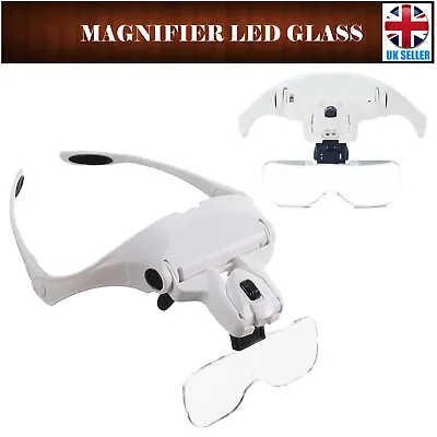 Headband Magnifying Glass Headset LED Light Head Magnifier Loupe W/ 5 Lens Set • £10.40