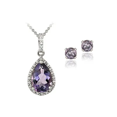 925 Silver 3.25ct Amethyst & Diamond Teardrop Necklace & Earrings Set • $22.99