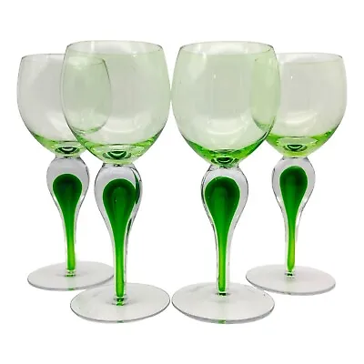 Hand Blown Glass Wine Goblet Set Of 4 - 8.5  Green Sommerso Bubble Murano Style • $99.54