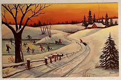 Postcard The Season's Greetings Mail Carrier Ice Skating Winter Art A Grace Card • $8.65