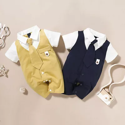 Newborn Infant Baby Boys Solid Gentleman Tie Romper Jumpsuit Outfits Clothes AU • $33.29